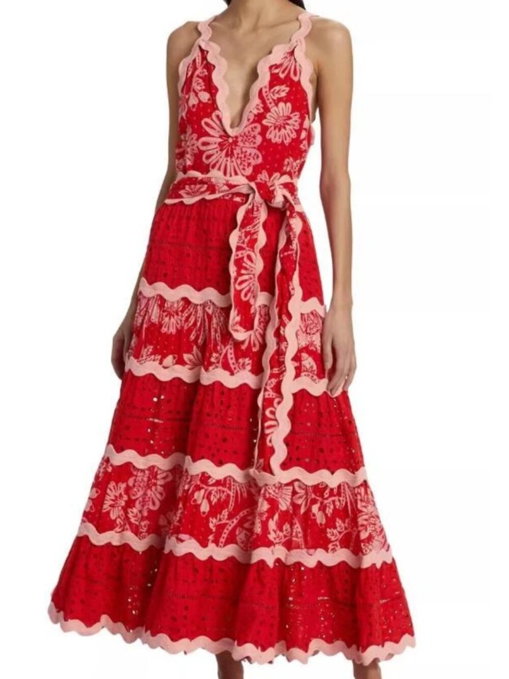 FARM RIO Flowerful Birds Maxi Dress XL NWT Red Pink Eyelet Lace V-Neck Plunge - Picture 6 of 13